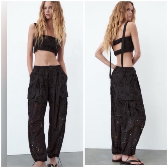 NWT Zara Womans High Waist Balloon Leg Black Pants Eyelet Embroidered Size M-L - Picture 1 of 9